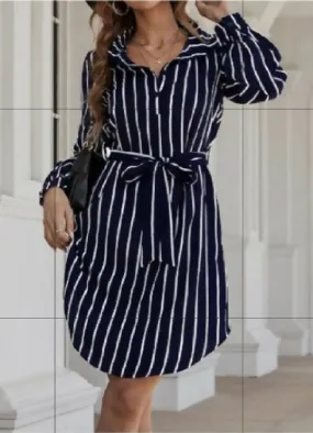 Fashion Beauty Style 7 stripped Collar Shirt Navy Blue Dress