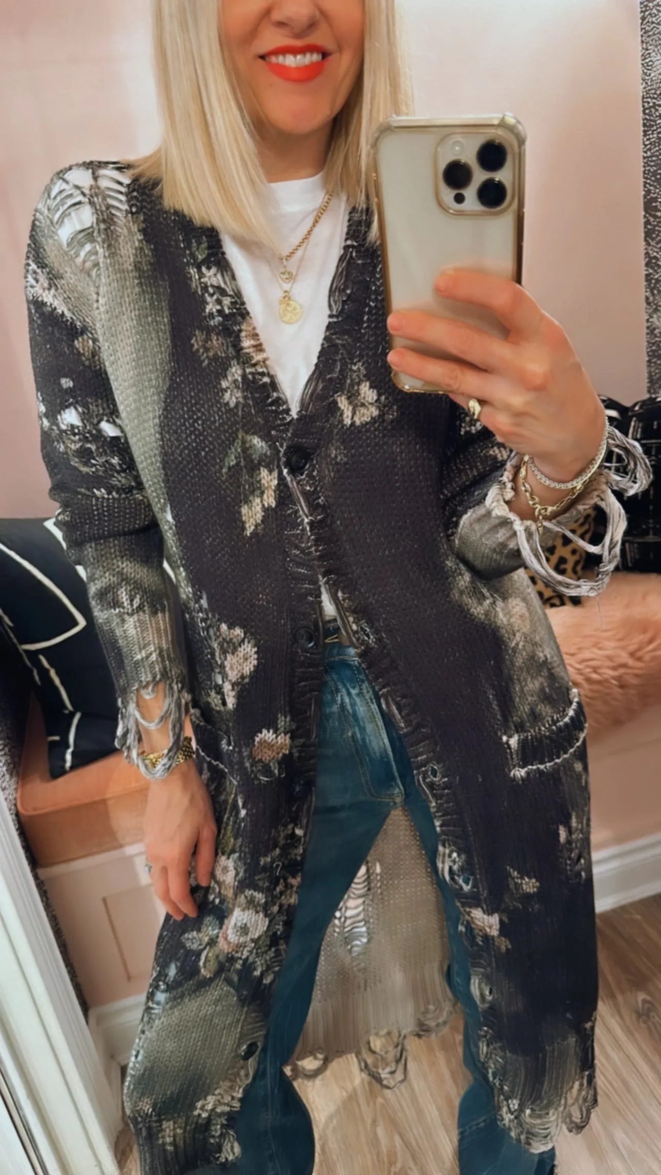Floral Distressed Long Cardigan