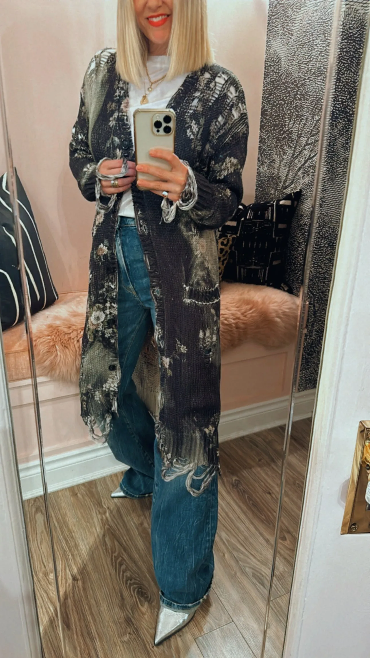 Floral Distressed Long Cardigan