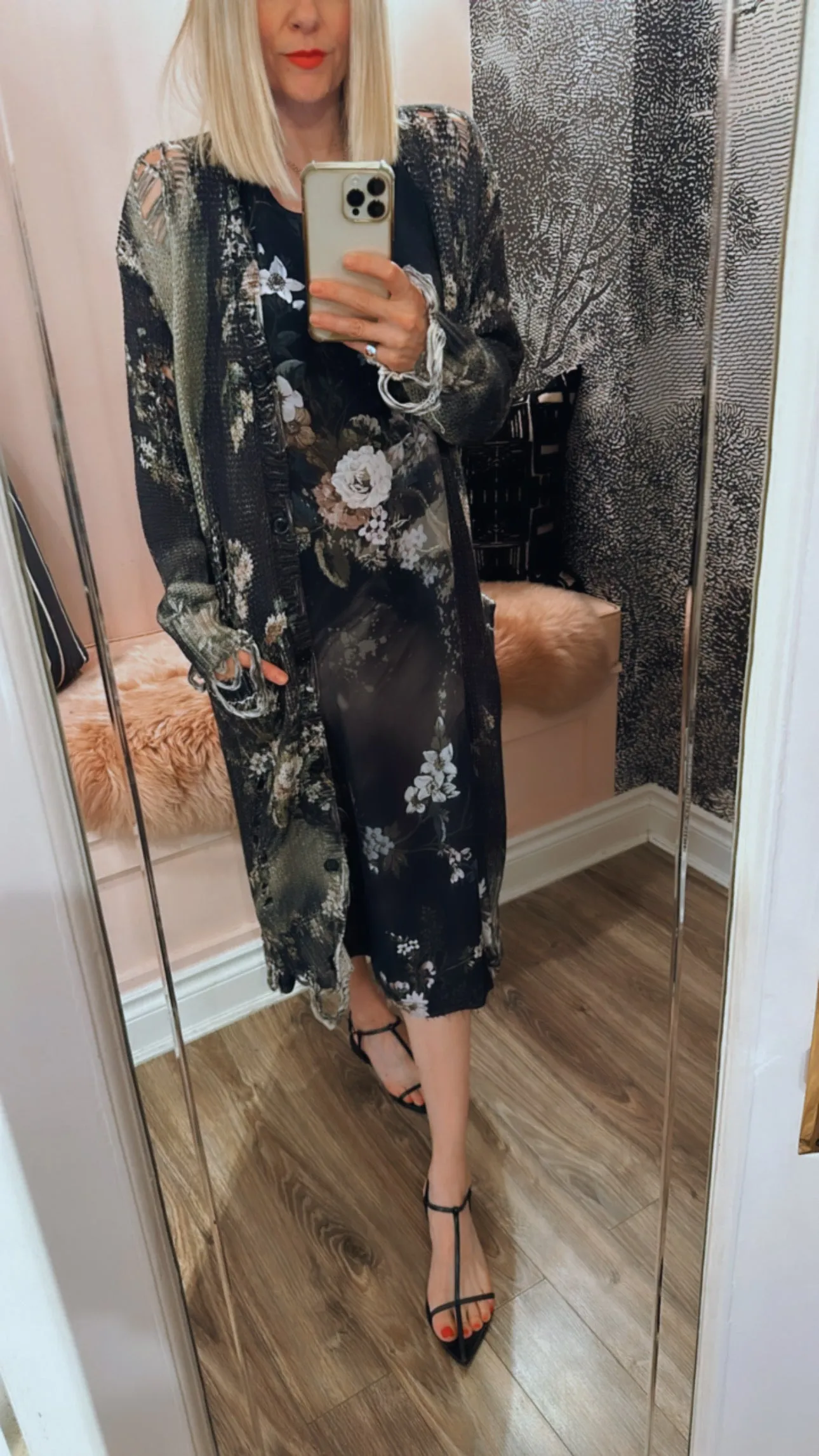 Floral Distressed Long Cardigan