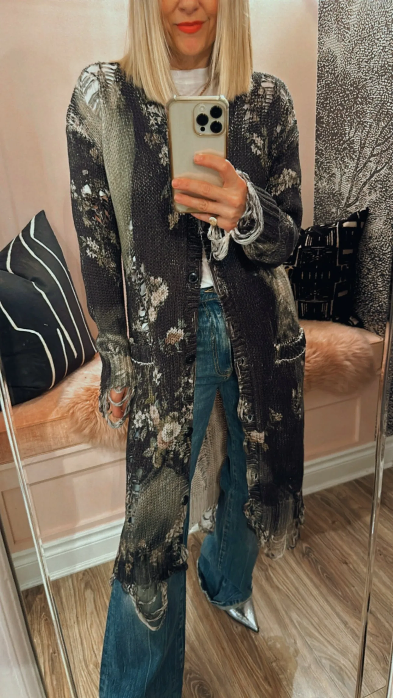 Floral Distressed Long Cardigan