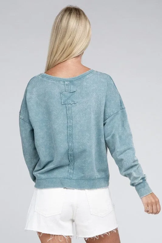 French Terry Acid Wash Boat Neck Pullover