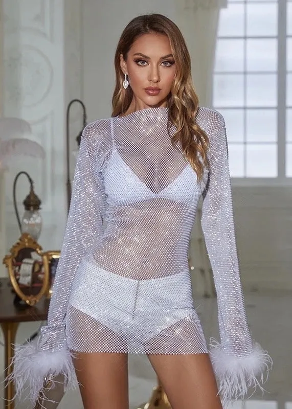 Fuzzy Cuff Sequin Mesh Bodycon Dress