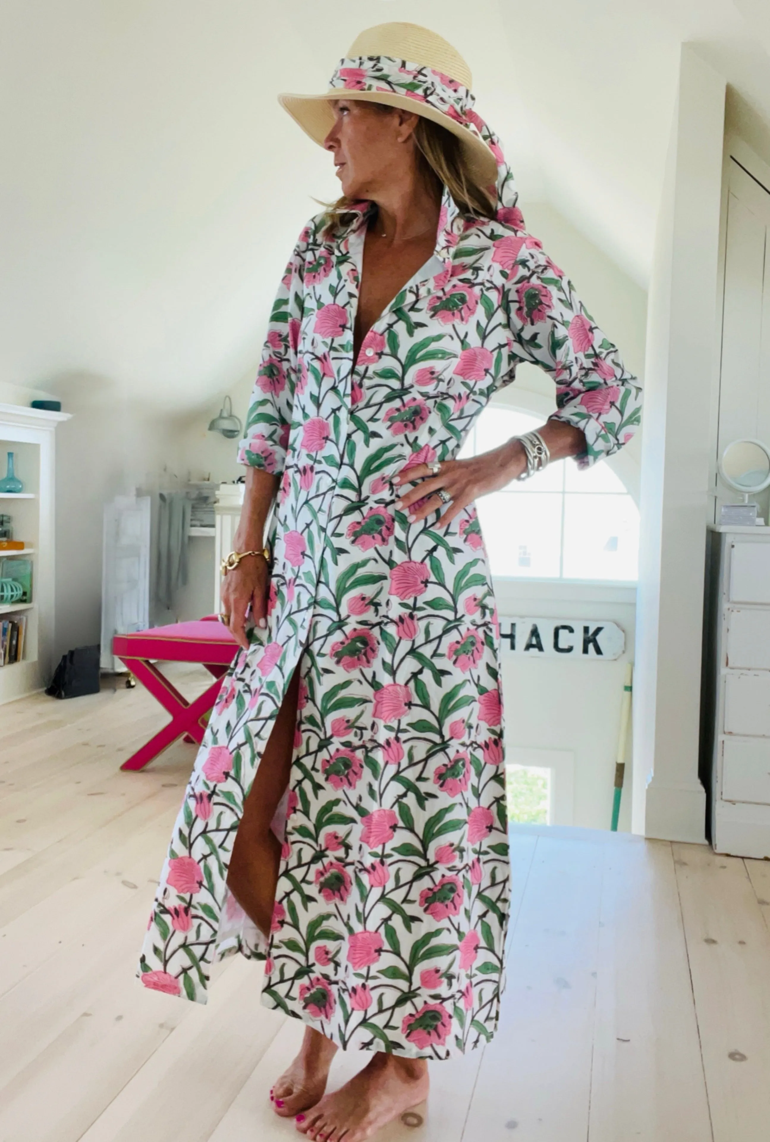 Hand Block Shirtdress in Beach Rose