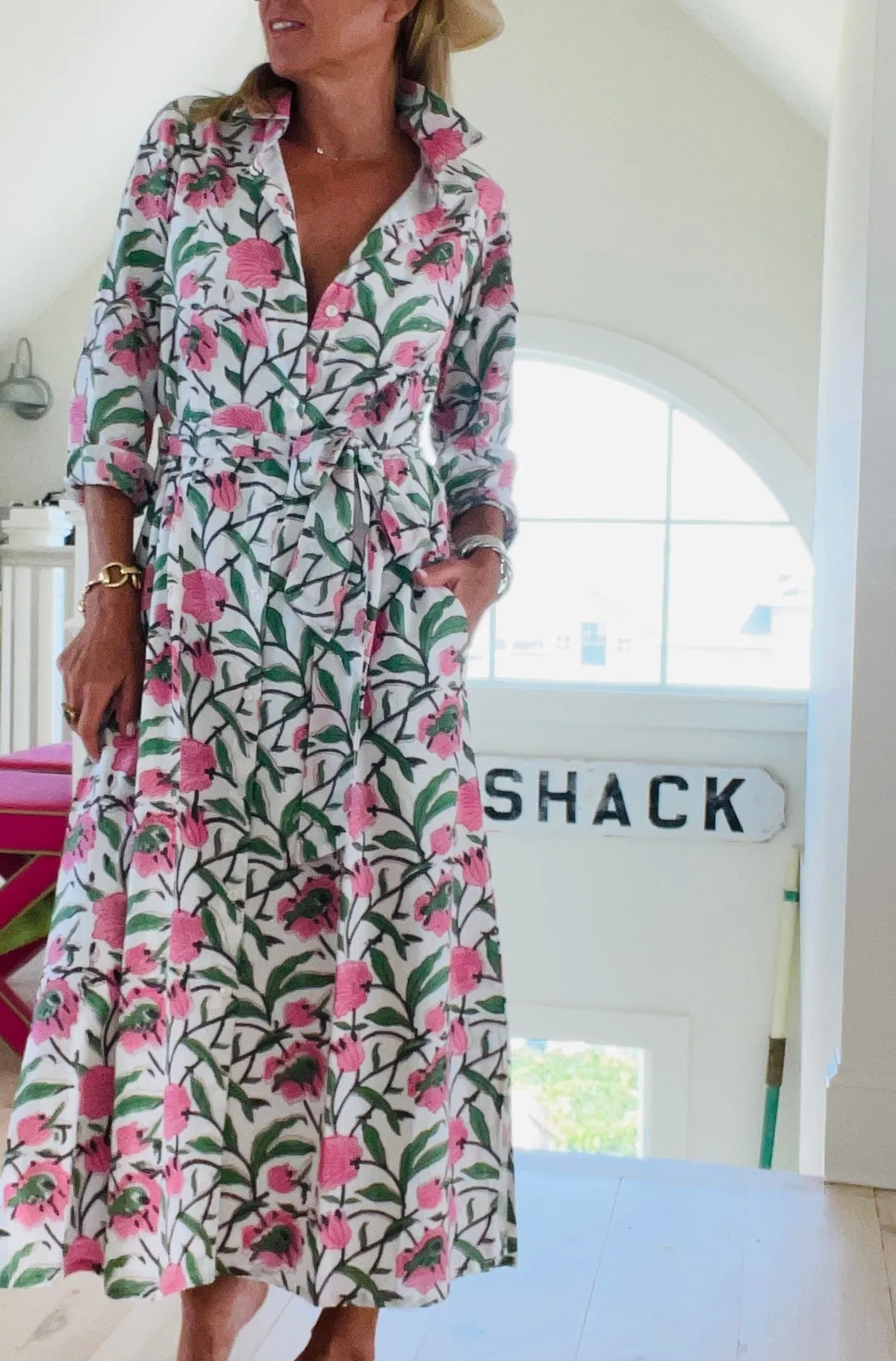 Hand Block Shirtdress in Beach Rose