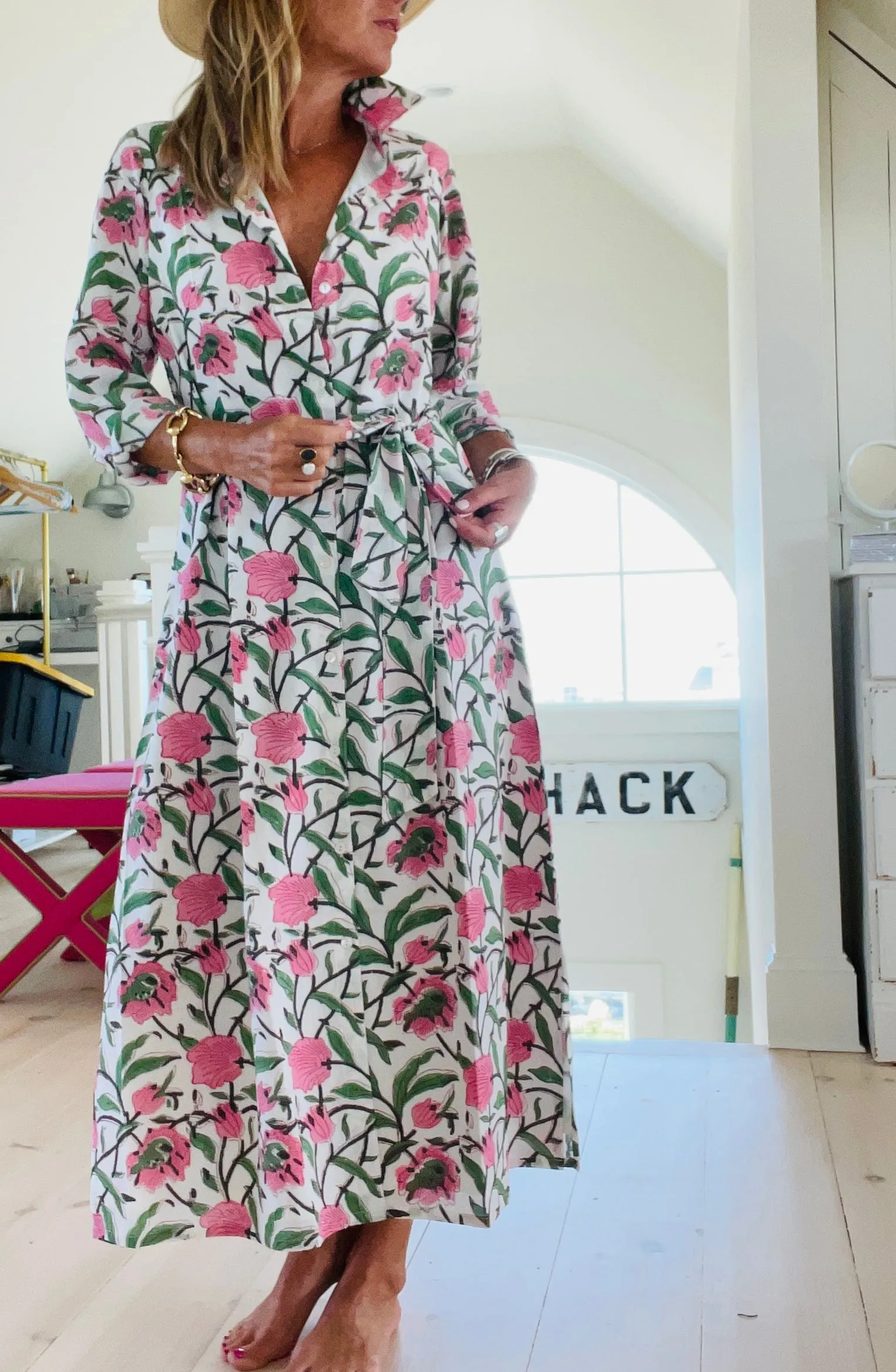 Hand Block Shirtdress in Beach Rose