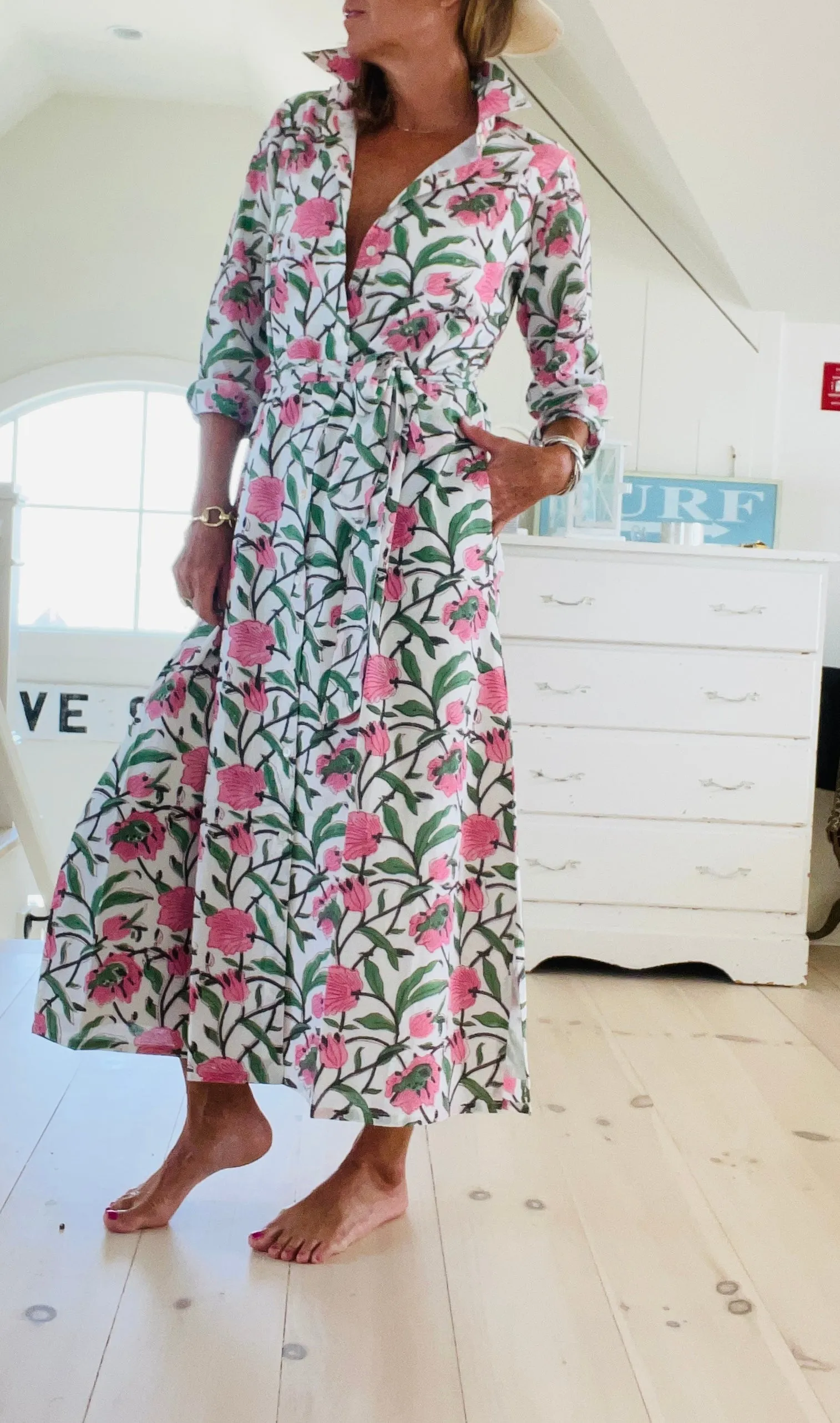 Hand Block Shirtdress in Beach Rose