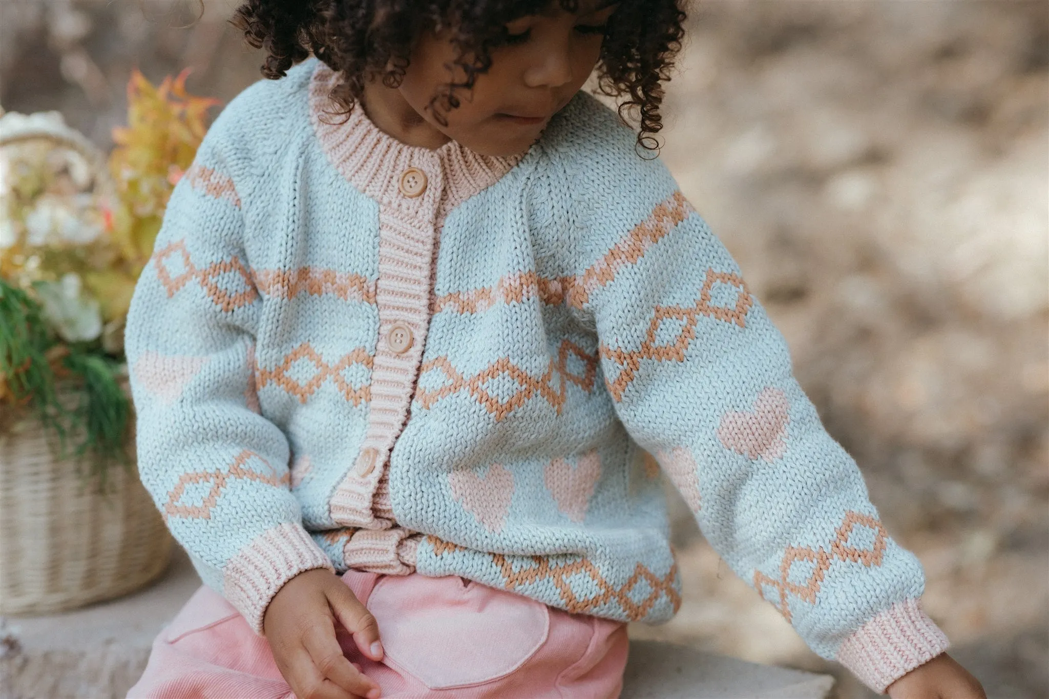 Intarsia Hearts Cardigan - Dusty Blue