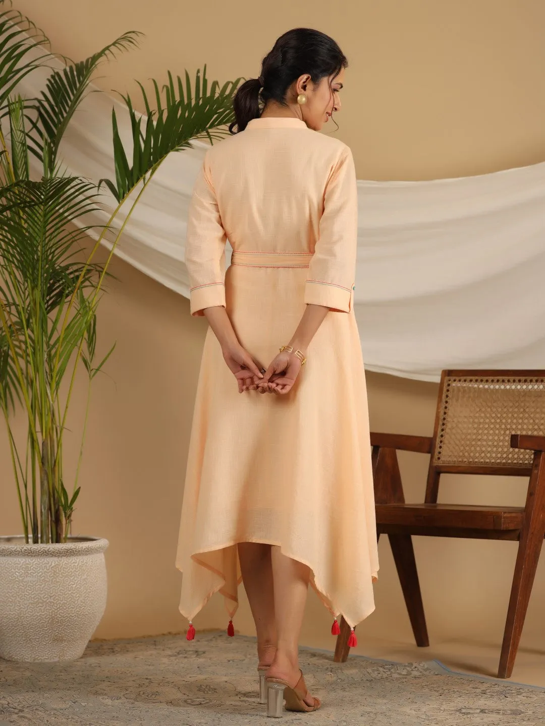 Jashvi Peach Fit & Flare Belted Asymmetrical Maxi Dress With Floral Thread Embroidery