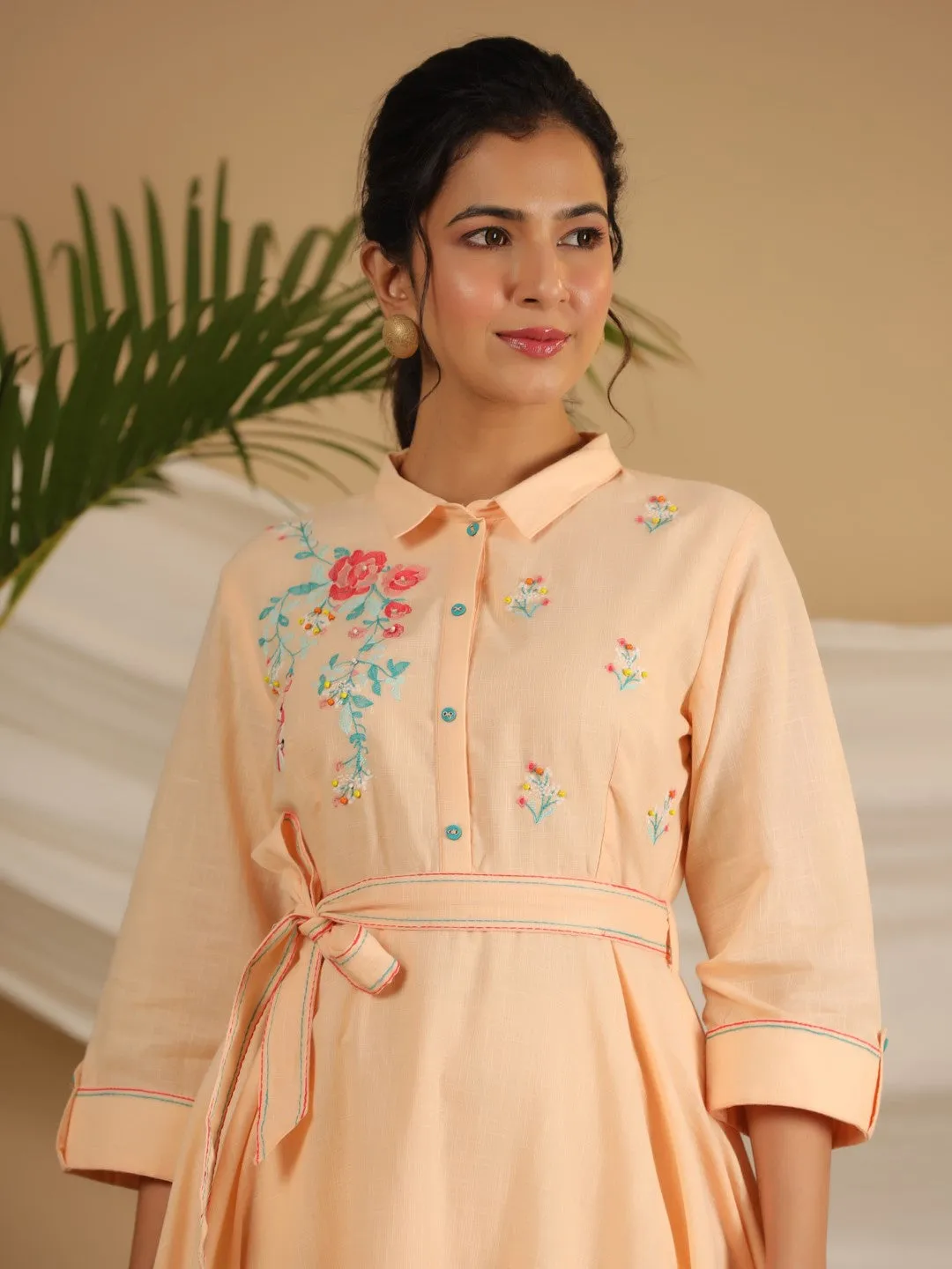 Jashvi Peach Fit & Flare Belted Asymmetrical Maxi Dress With Floral Thread Embroidery