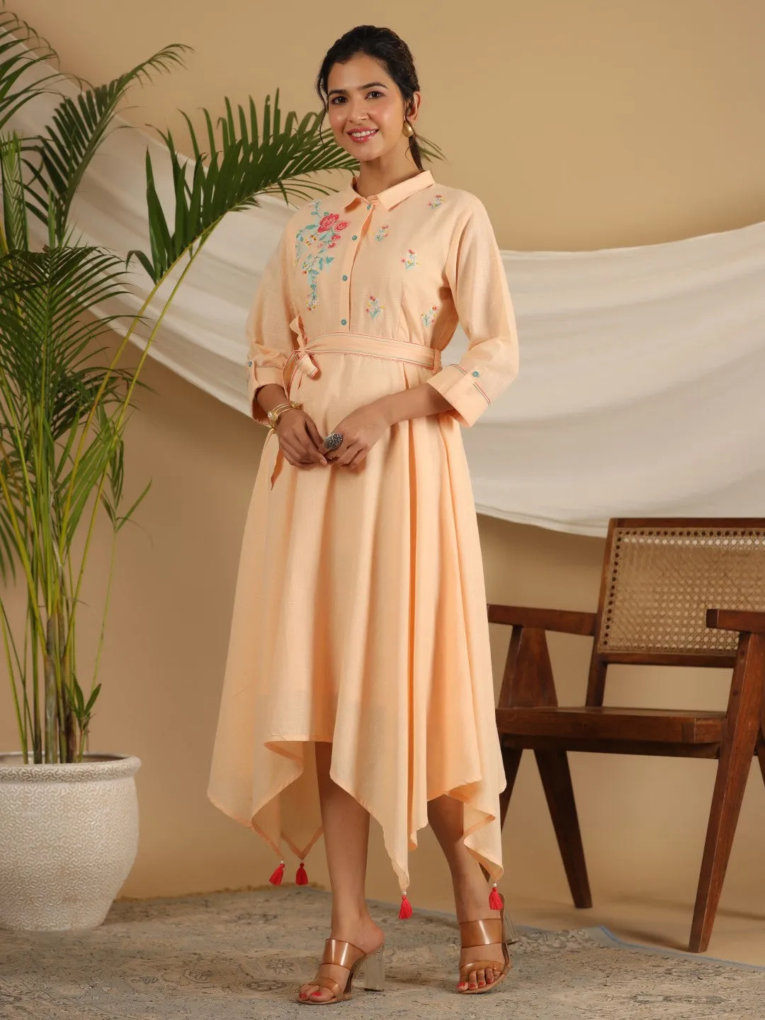 Jashvi Peach Fit & Flare Belted Asymmetrical Maxi Dress With Floral Thread Embroidery