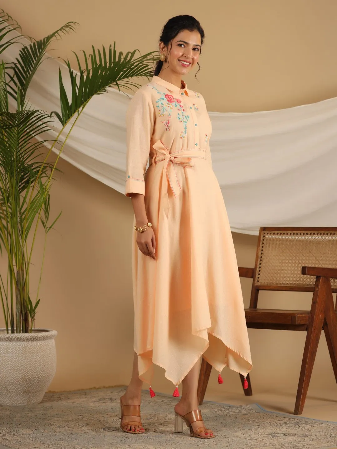 Jashvi Peach Fit & Flare Belted Asymmetrical Maxi Dress With Floral Thread Embroidery