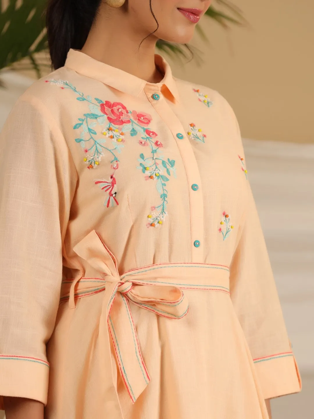 Jashvi Peach Fit & Flare Belted Asymmetrical Maxi Dress With Floral Thread Embroidery