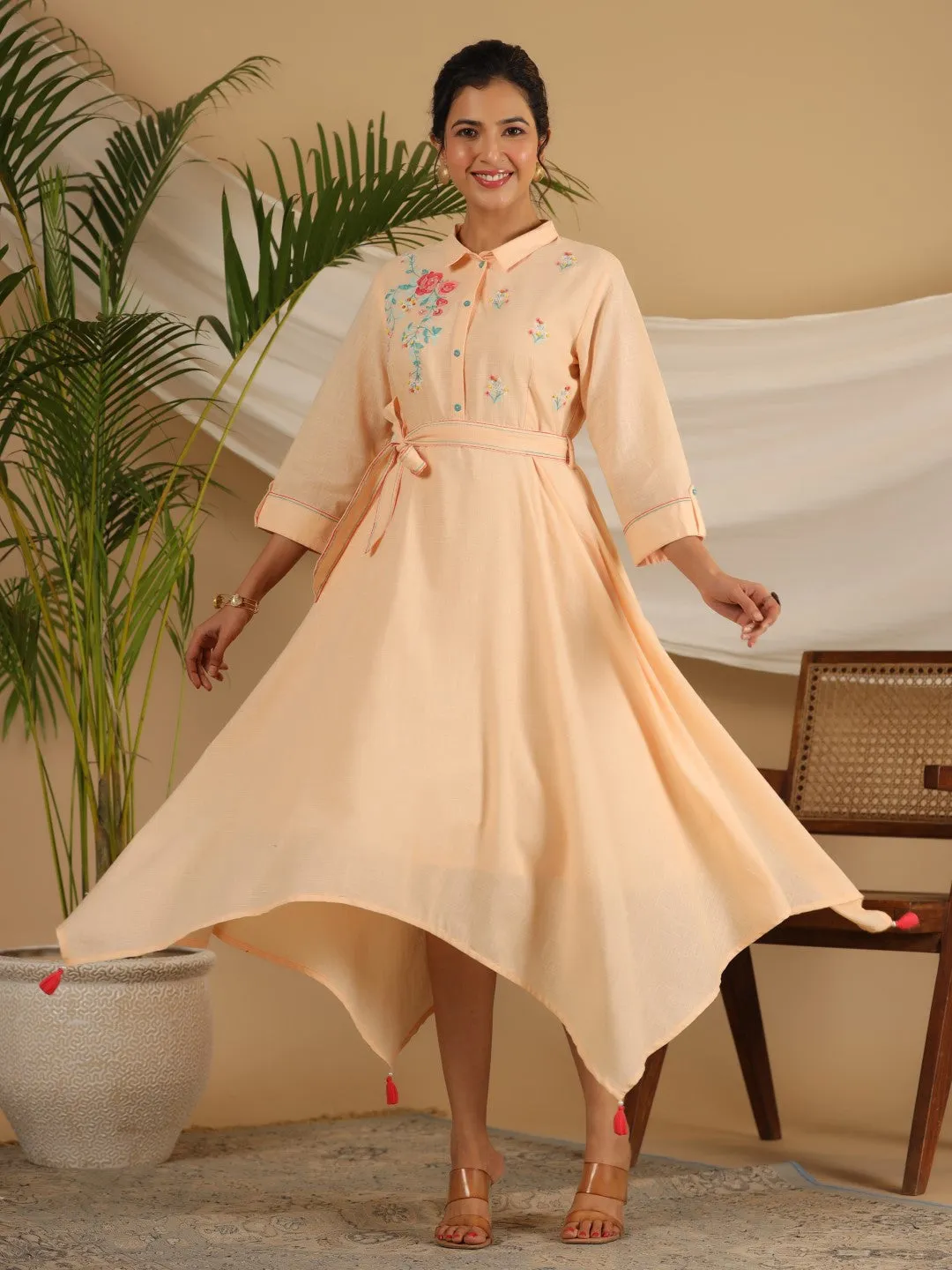 Jashvi Peach Fit & Flare Belted Asymmetrical Maxi Dress With Floral Thread Embroidery