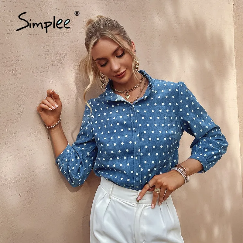 Joskaa Office Lady Turtleneck Polka Dots Women Blue Shirt Autumn Causal  Ladies Skinny Top Female Regular Sleeves Blouse 2024