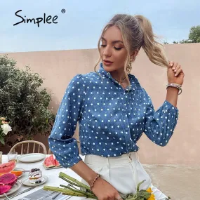Joskaa Office Lady Turtleneck Polka Dots Women Blue Shirt Autumn Causal  Ladies Skinny Top Female Regular Sleeves Blouse 2024