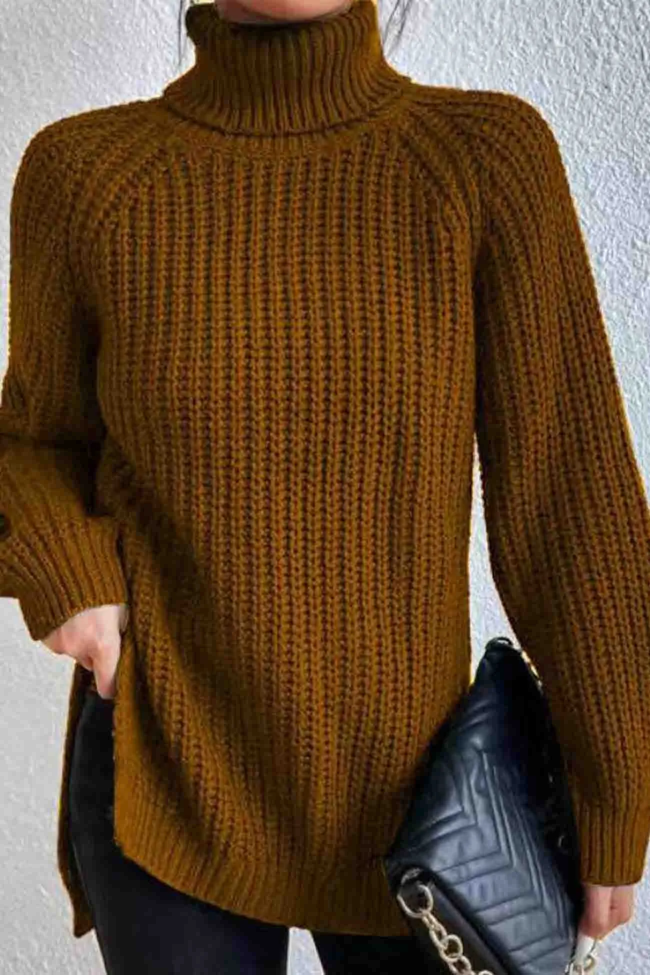 Joskaa Raglan Sleeve Turtleneck Slit Mid-Length Sweater