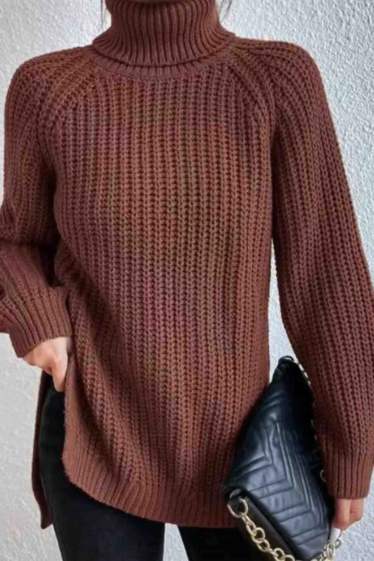 Joskaa Raglan Sleeve Turtleneck Slit Mid-Length Sweater