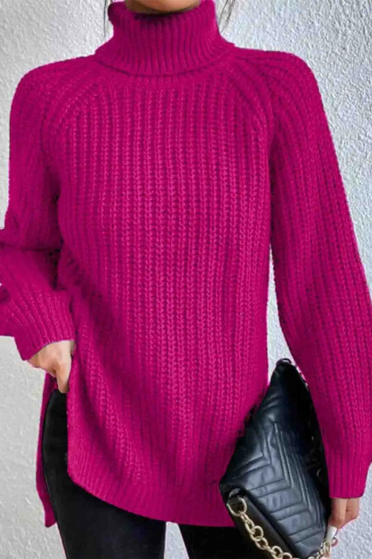 Joskaa Raglan Sleeve Turtleneck Slit Mid-Length Sweater