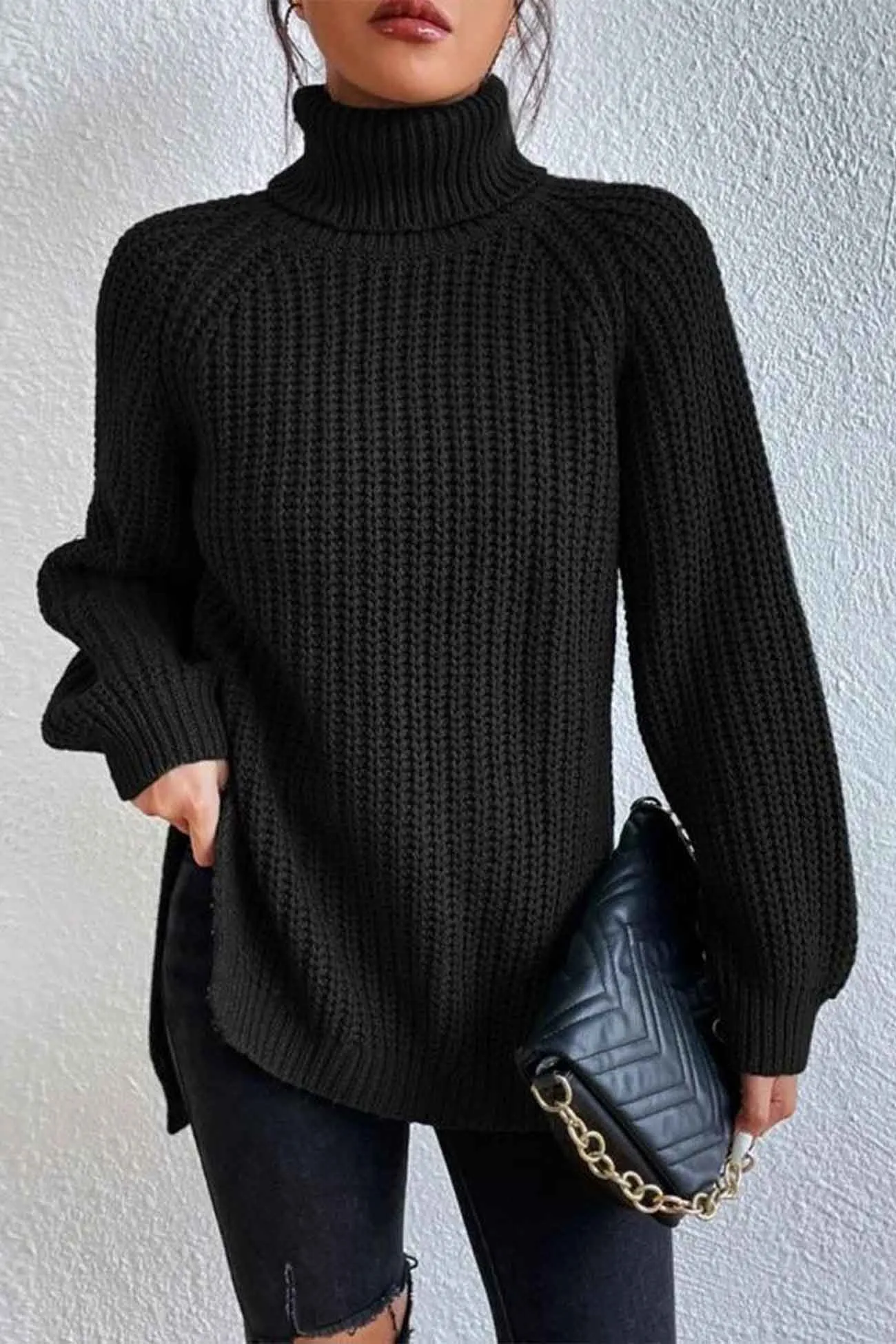 Joskaa Raglan Sleeve Turtleneck Slit Mid-Length Sweater