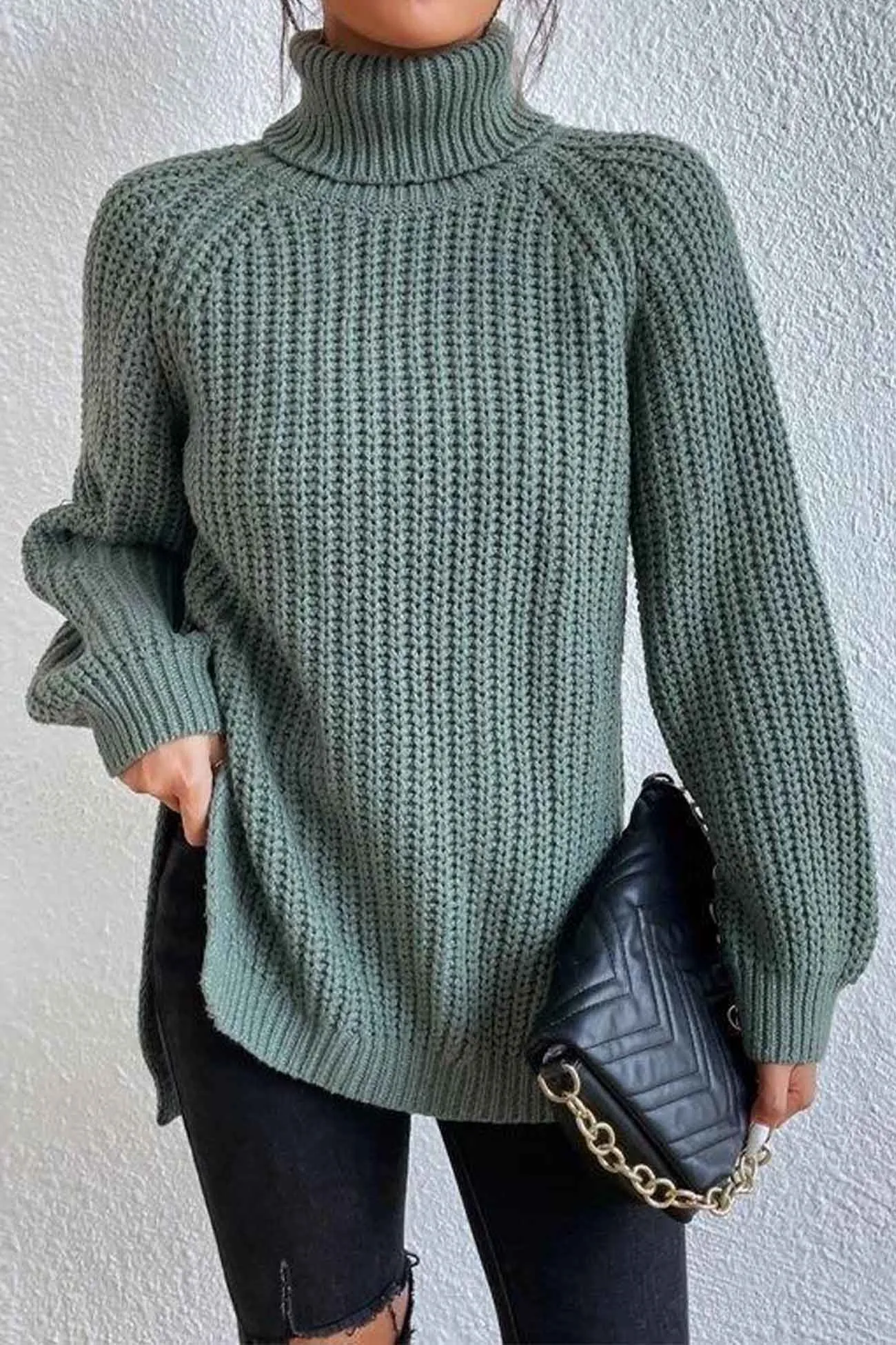 Joskaa Raglan Sleeve Turtleneck Slit Mid-Length Sweater