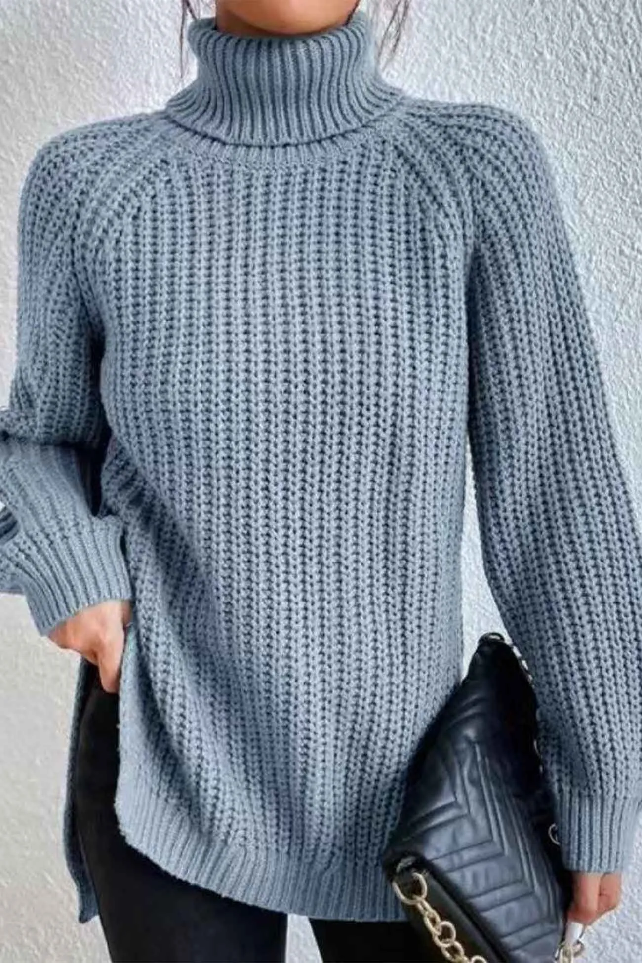 Joskaa Raglan Sleeve Turtleneck Slit Mid-Length Sweater
