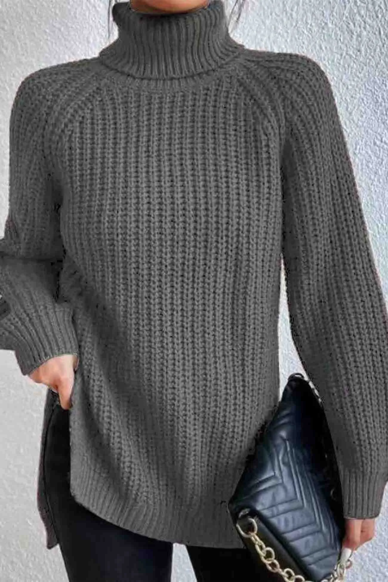 Joskaa Raglan Sleeve Turtleneck Slit Mid-Length Sweater