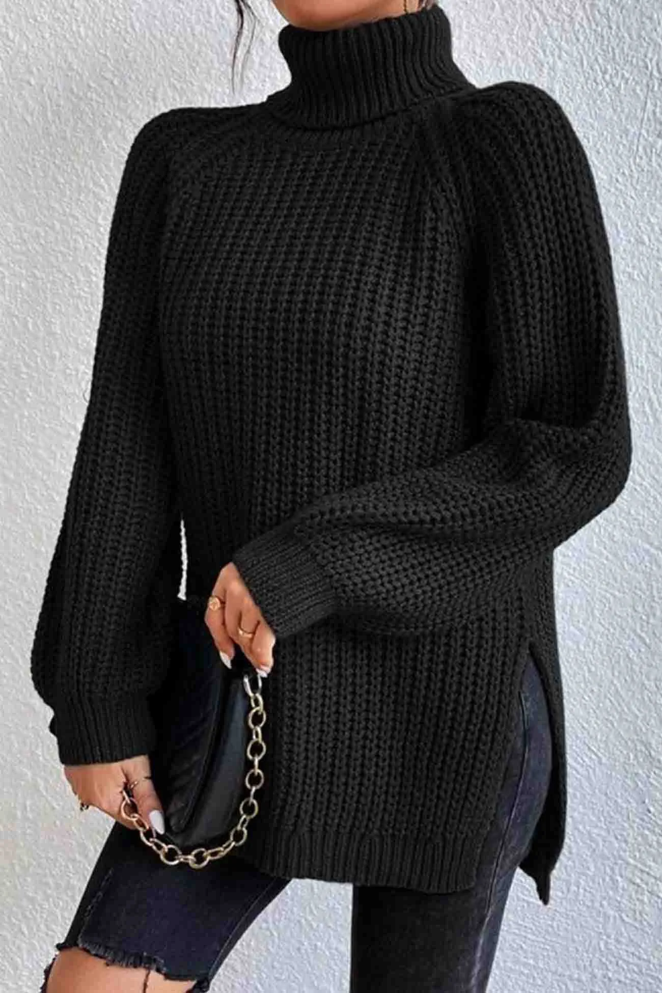 Joskaa Raglan Sleeve Turtleneck Slit Mid-Length Sweater