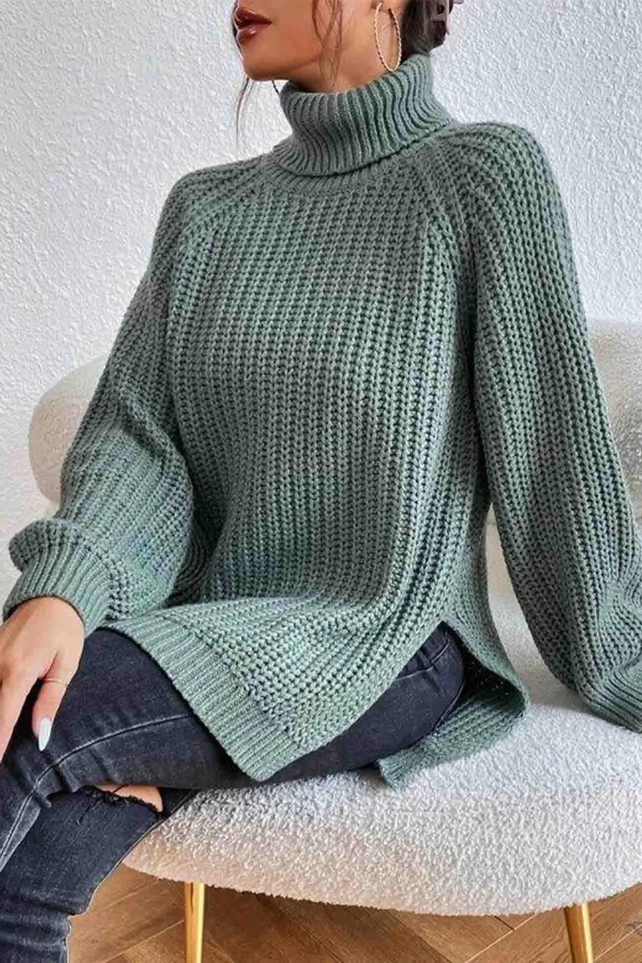 Joskaa Raglan Sleeve Turtleneck Slit Mid-Length Sweater