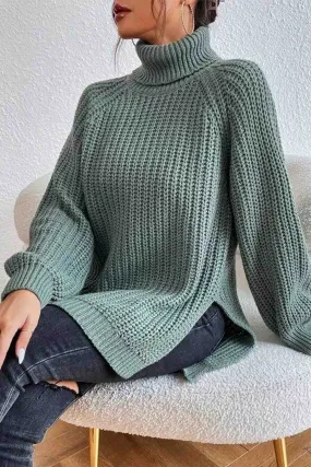 Joskaa Raglan Sleeve Turtleneck Slit Mid-Length Sweater