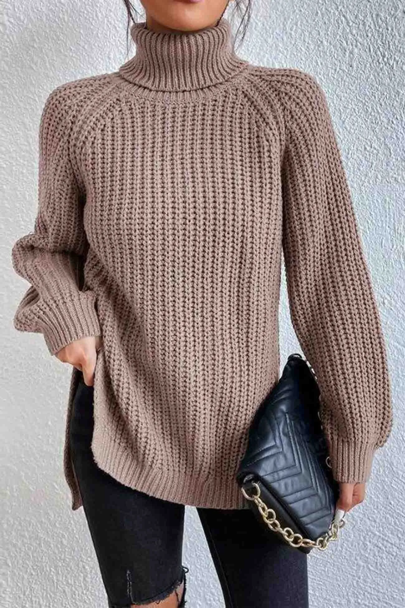 Joskaa Raglan Sleeve Turtleneck Slit Mid-Length Sweater