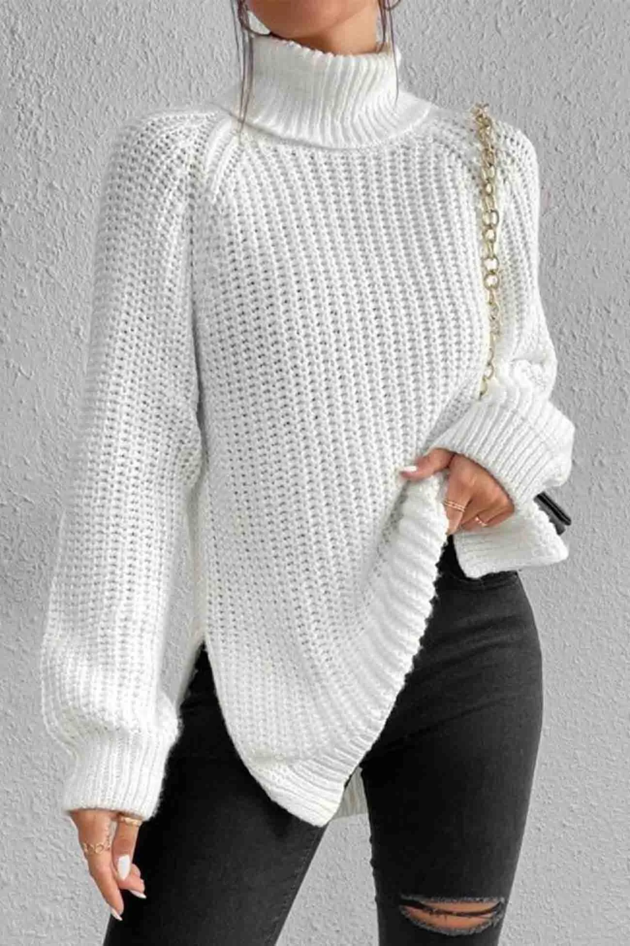 Joskaa Raglan Sleeve Turtleneck Slit Mid-Length Sweater