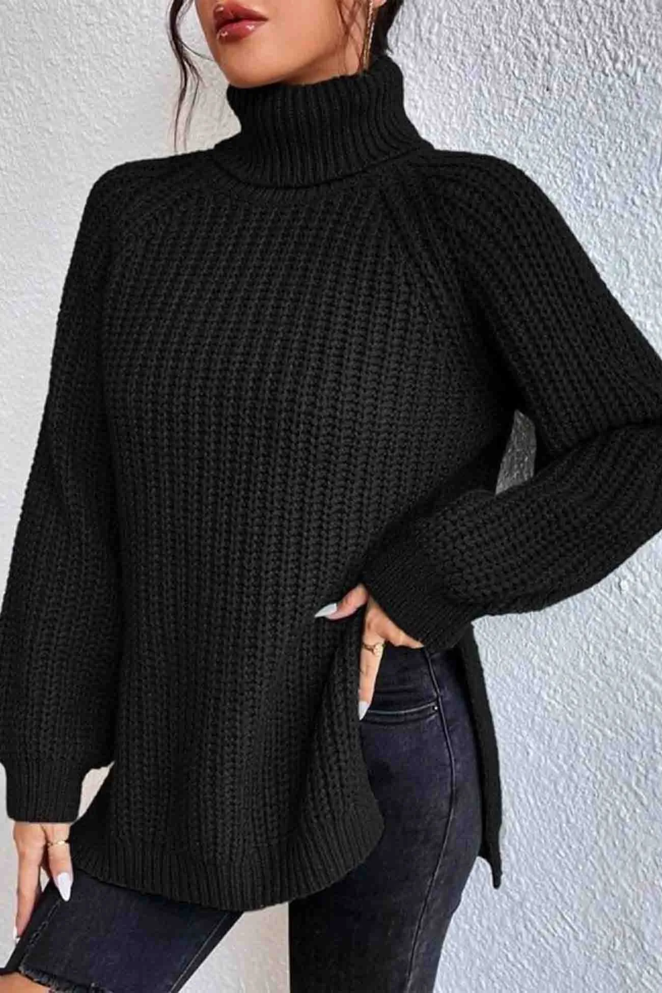 Joskaa Raglan Sleeve Turtleneck Slit Mid-Length Sweater