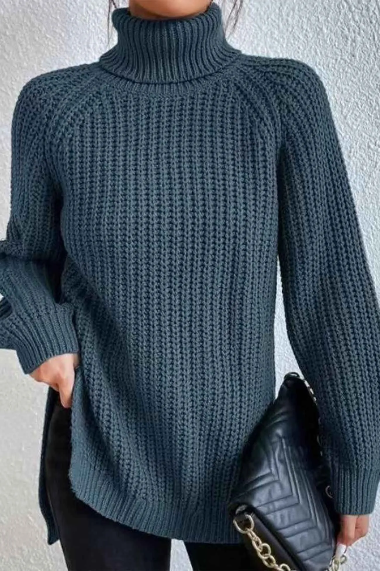 Joskaa Raglan Sleeve Turtleneck Slit Mid-Length Sweater