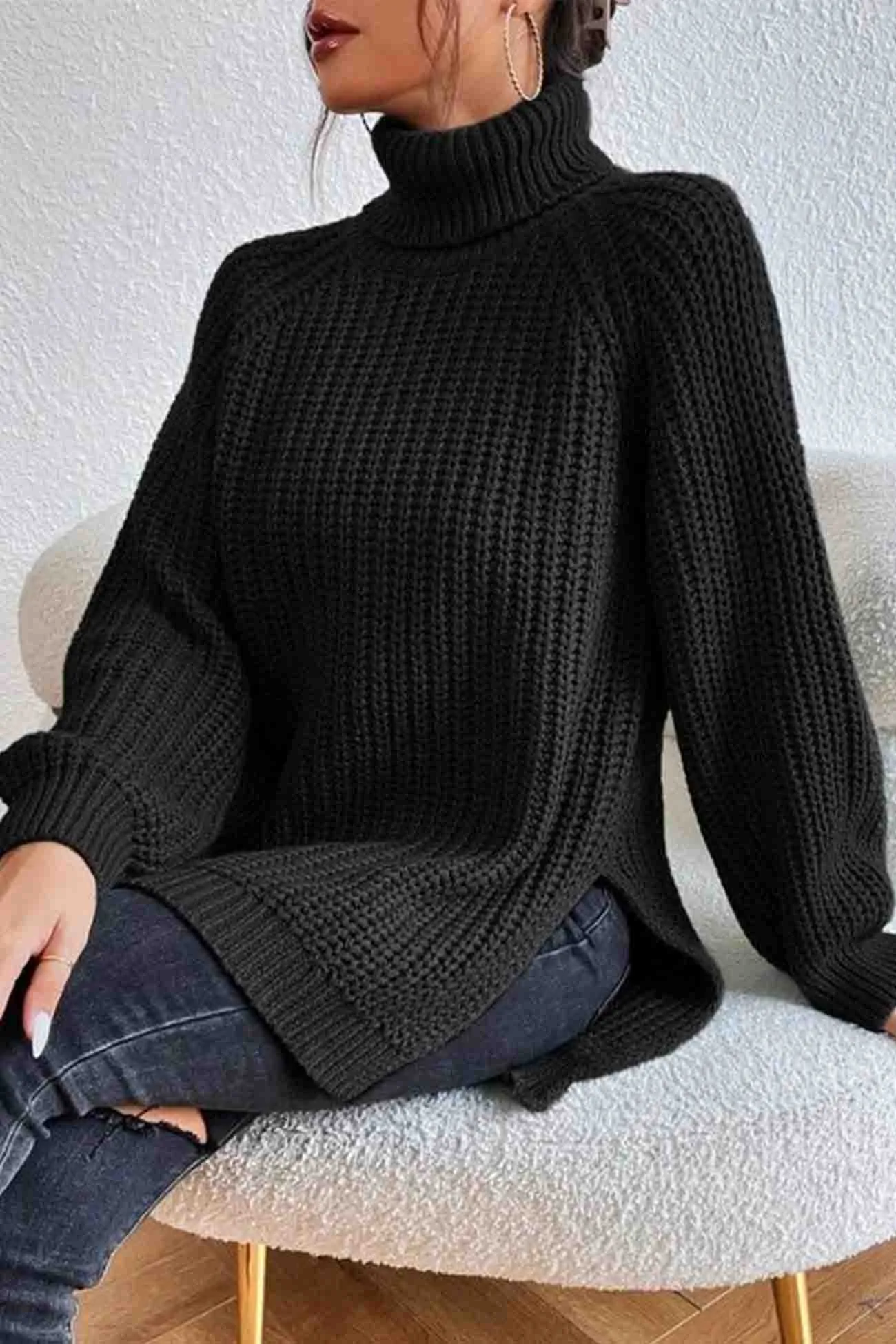 Joskaa Raglan Sleeve Turtleneck Slit Mid-Length Sweater