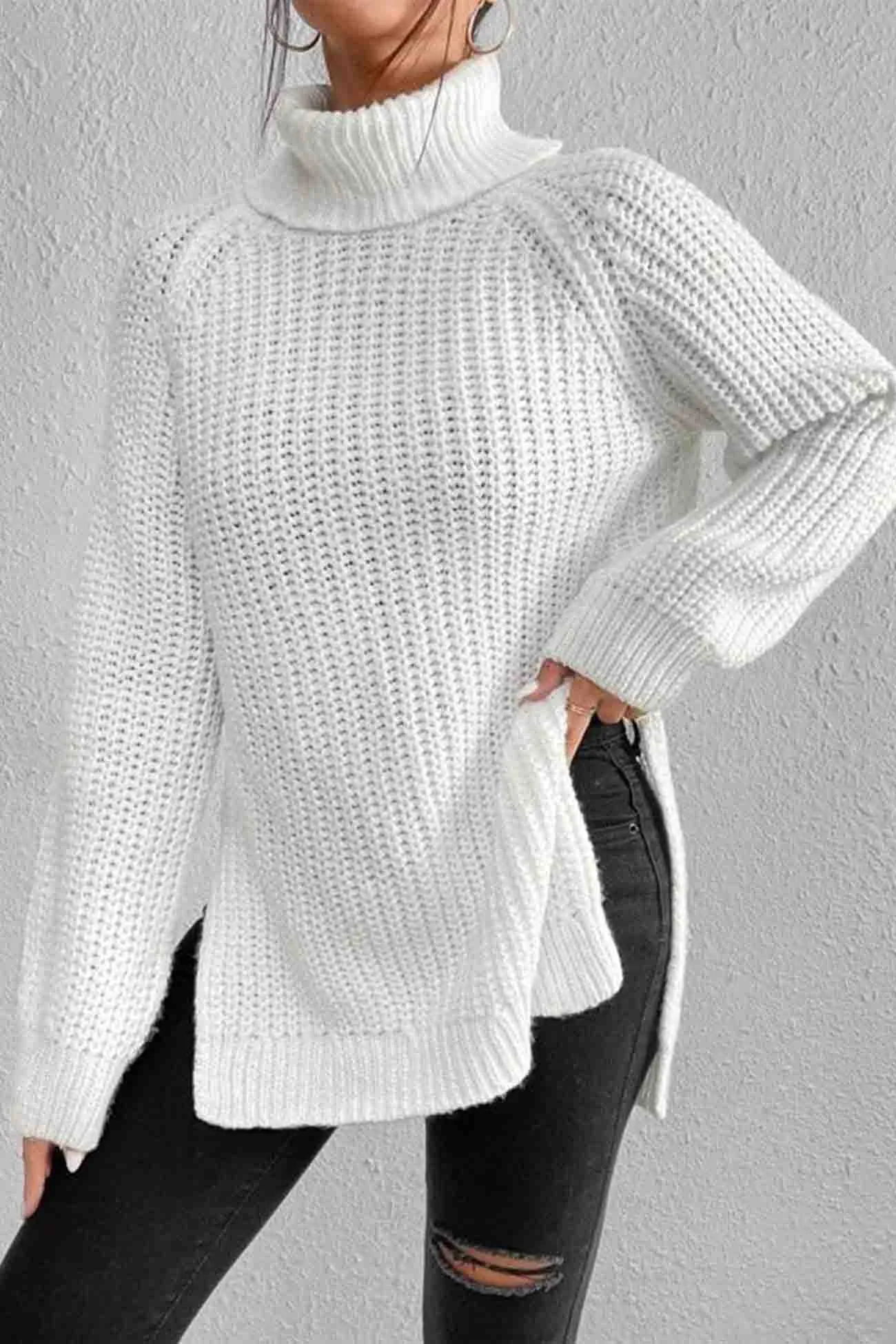 Joskaa Raglan Sleeve Turtleneck Slit Mid-Length Sweater