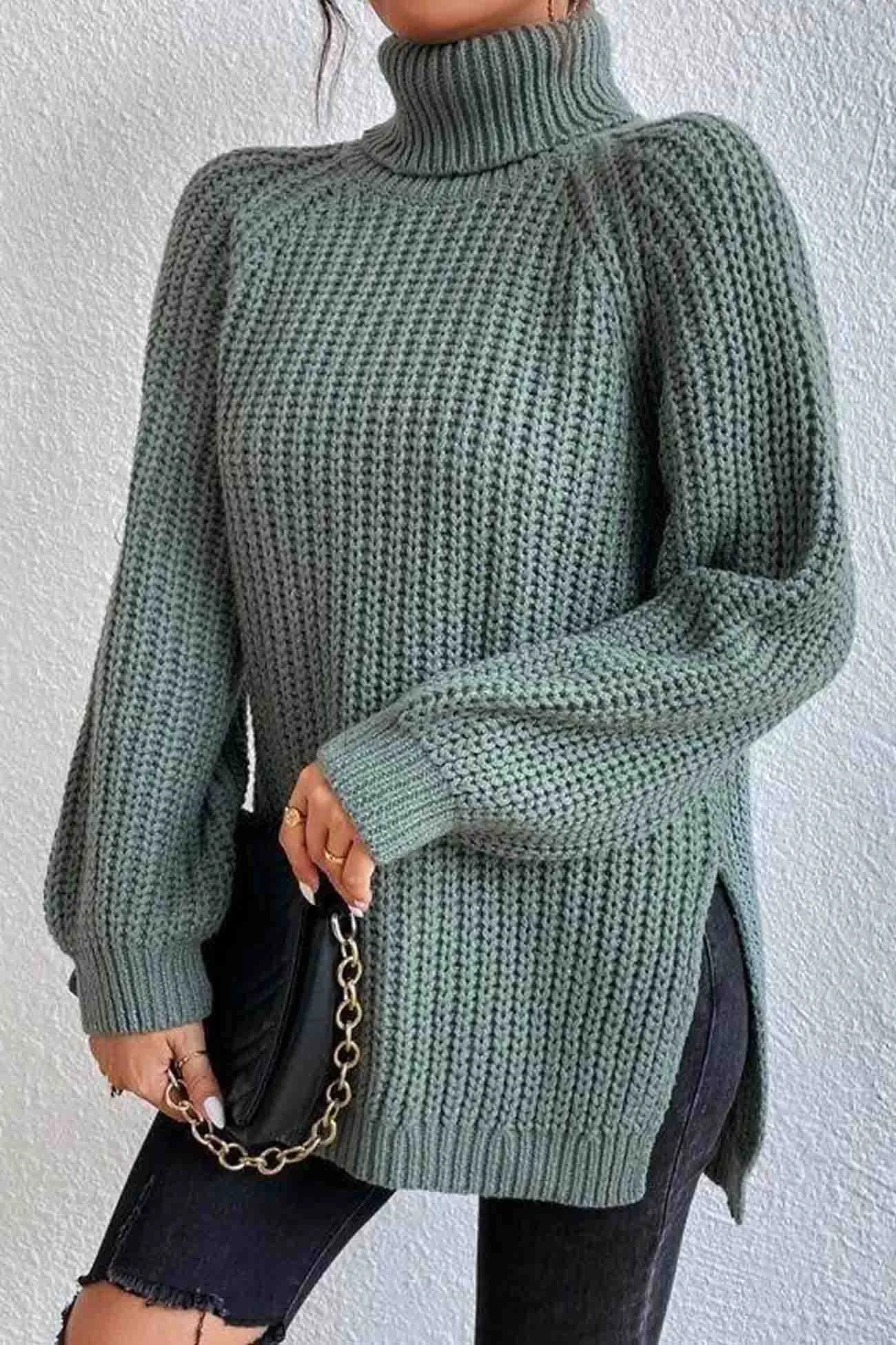 Joskaa Raglan Sleeve Turtleneck Slit Mid-Length Sweater
