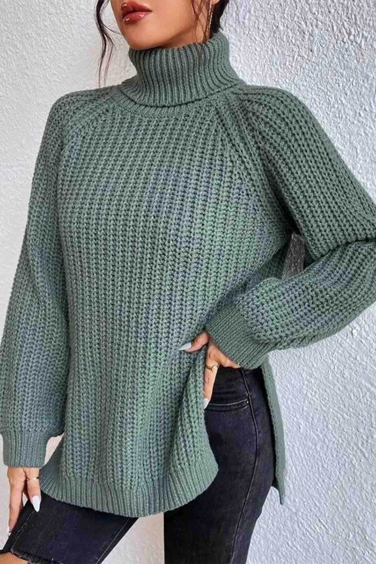 Joskaa Raglan Sleeve Turtleneck Slit Mid-Length Sweater