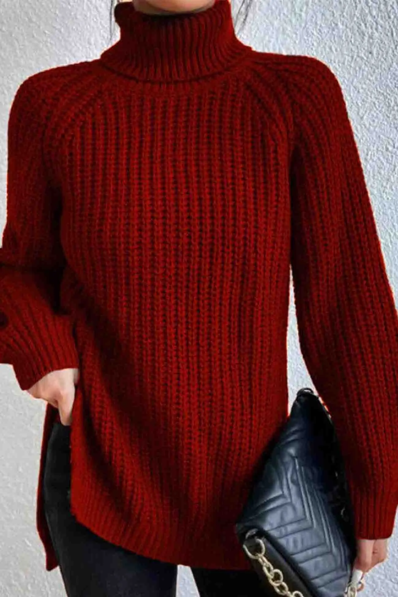Joskaa Raglan Sleeve Turtleneck Slit Mid-Length Sweater