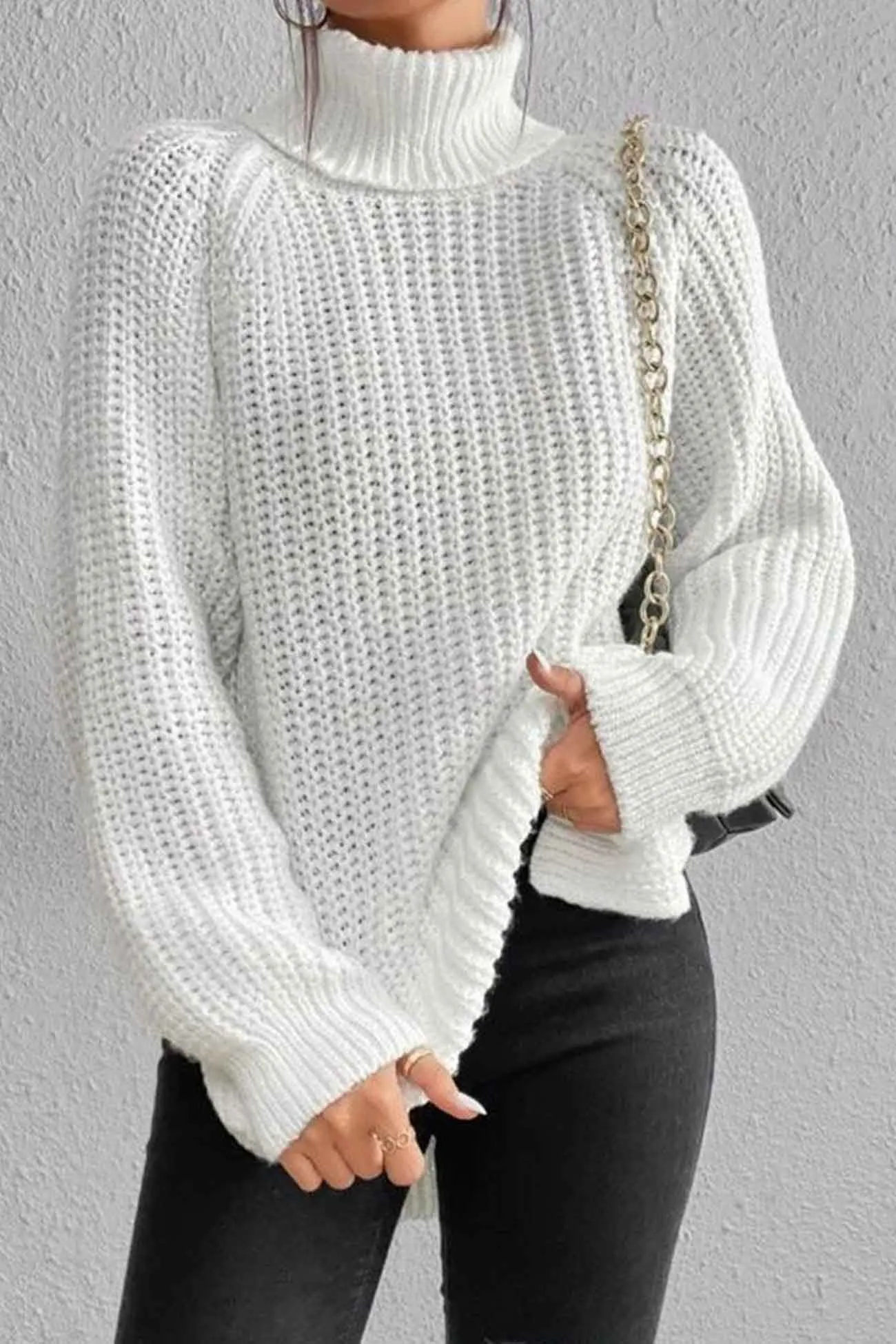 Joskaa Raglan Sleeve Turtleneck Slit Mid-Length Sweater
