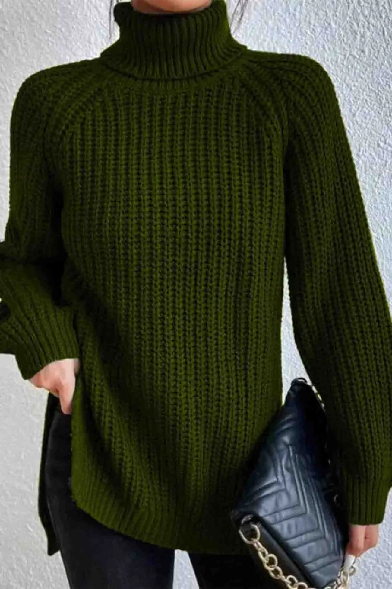 Joskaa Raglan Sleeve Turtleneck Slit Mid-Length Sweater