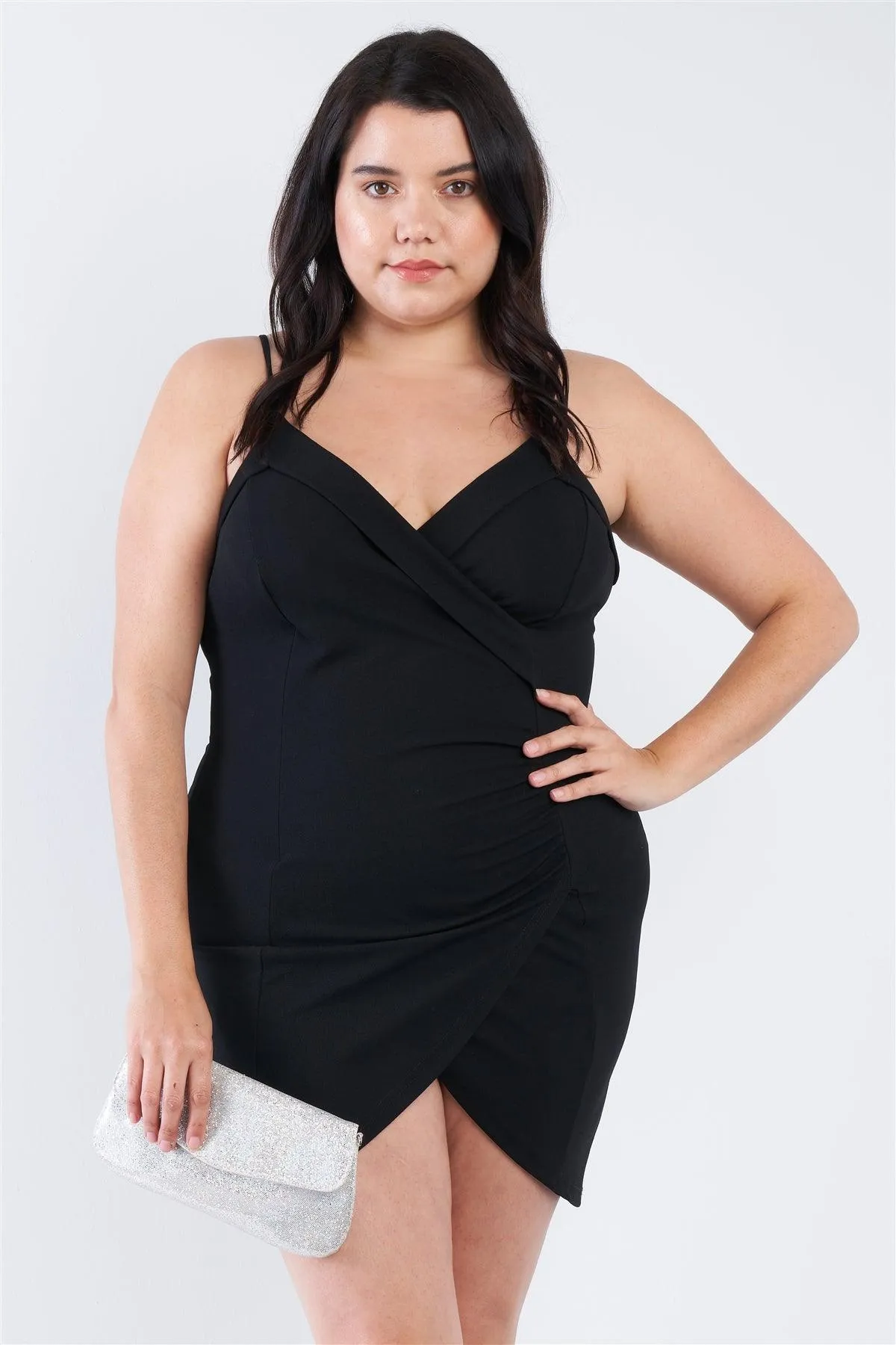 Junior Plus Size Black Wrap Front Ruched Bodycon Mini Dress /3-2-2