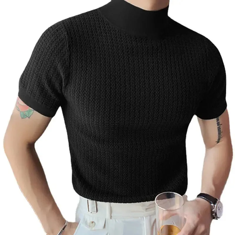 Knit High Neck Solid Color T-Shirt