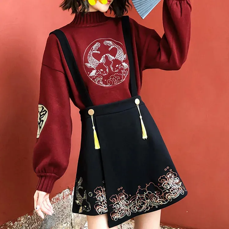 Koi Fish Embroidery Vintage Knit Sweater Tassel Skirt Two Piece