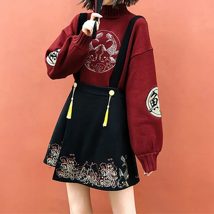Koi Fish Embroidery Vintage Knit Sweater Tassel Skirt Two Piece