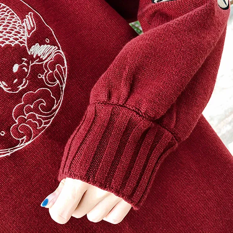 Koi Fish Embroidery Vintage Knit Sweater Tassel Skirt Two Piece