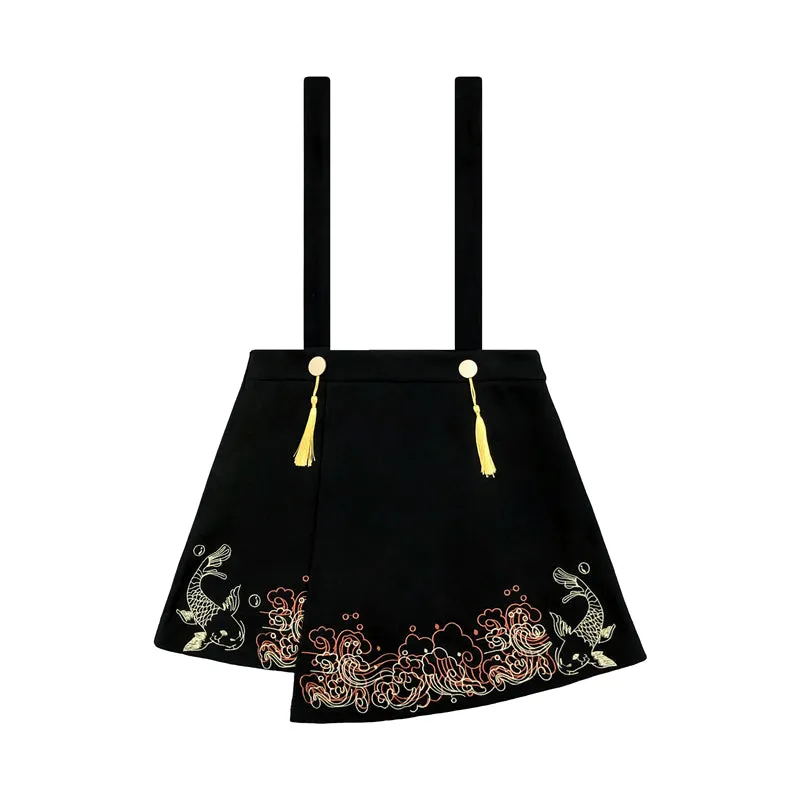 Koi Fish Embroidery Vintage Knit Sweater Tassel Skirt Two Piece