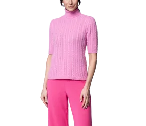Lilly Short Sleeved Cable-Knit Turtleneck, Soft Pink