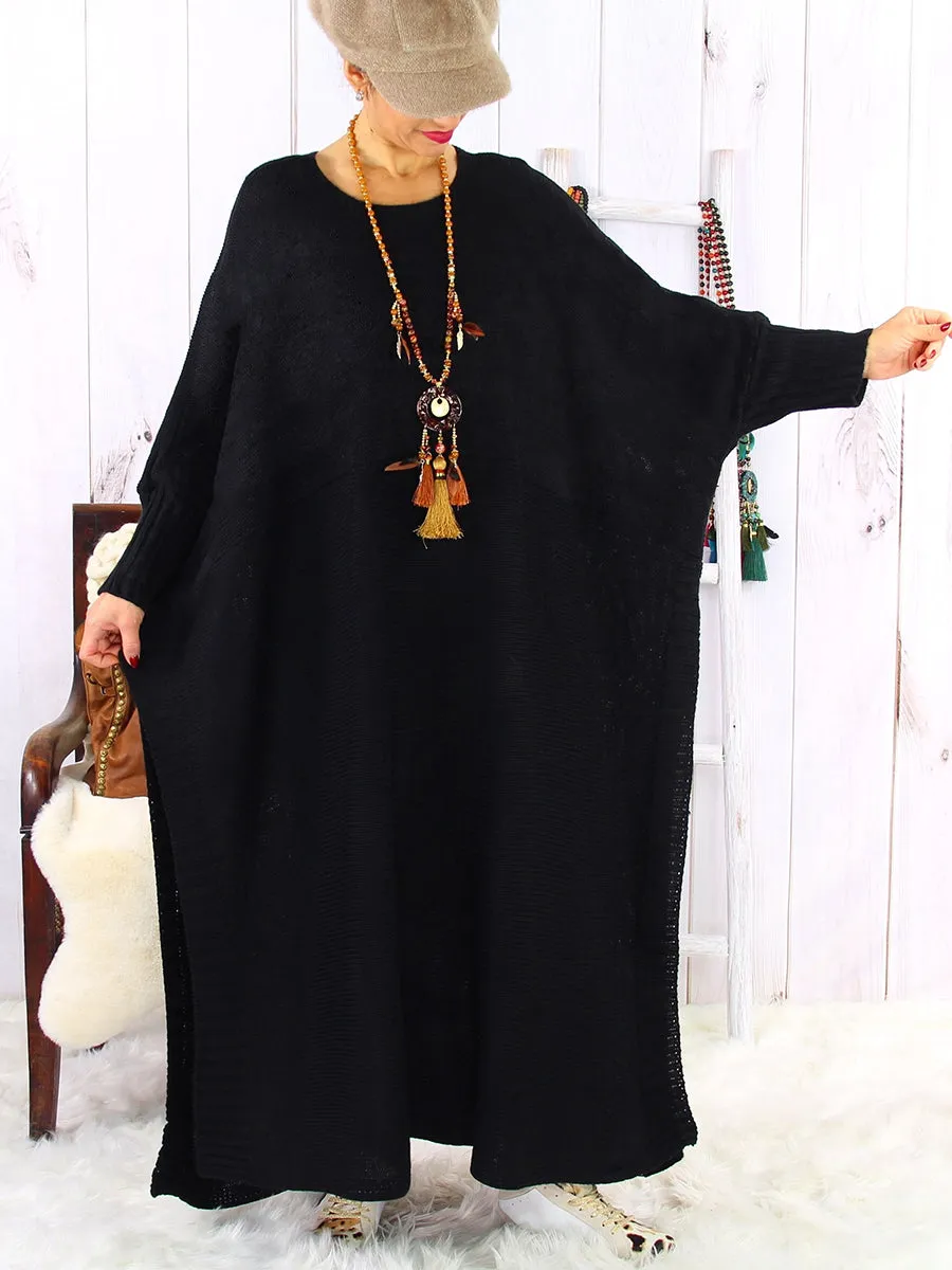 Loose Bat Sleeves Solid Color Sweater Dress