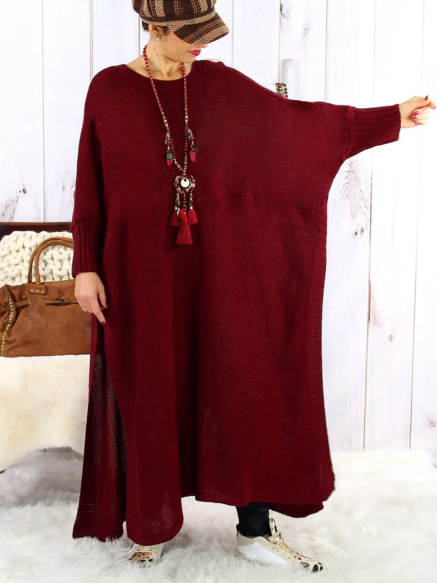 Loose Bat Sleeves Solid Color Sweater Dress